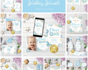 Donut editable party decoration package, sweet one birthday printable, blue sprinkles digital party supplies, party pack, corjl template