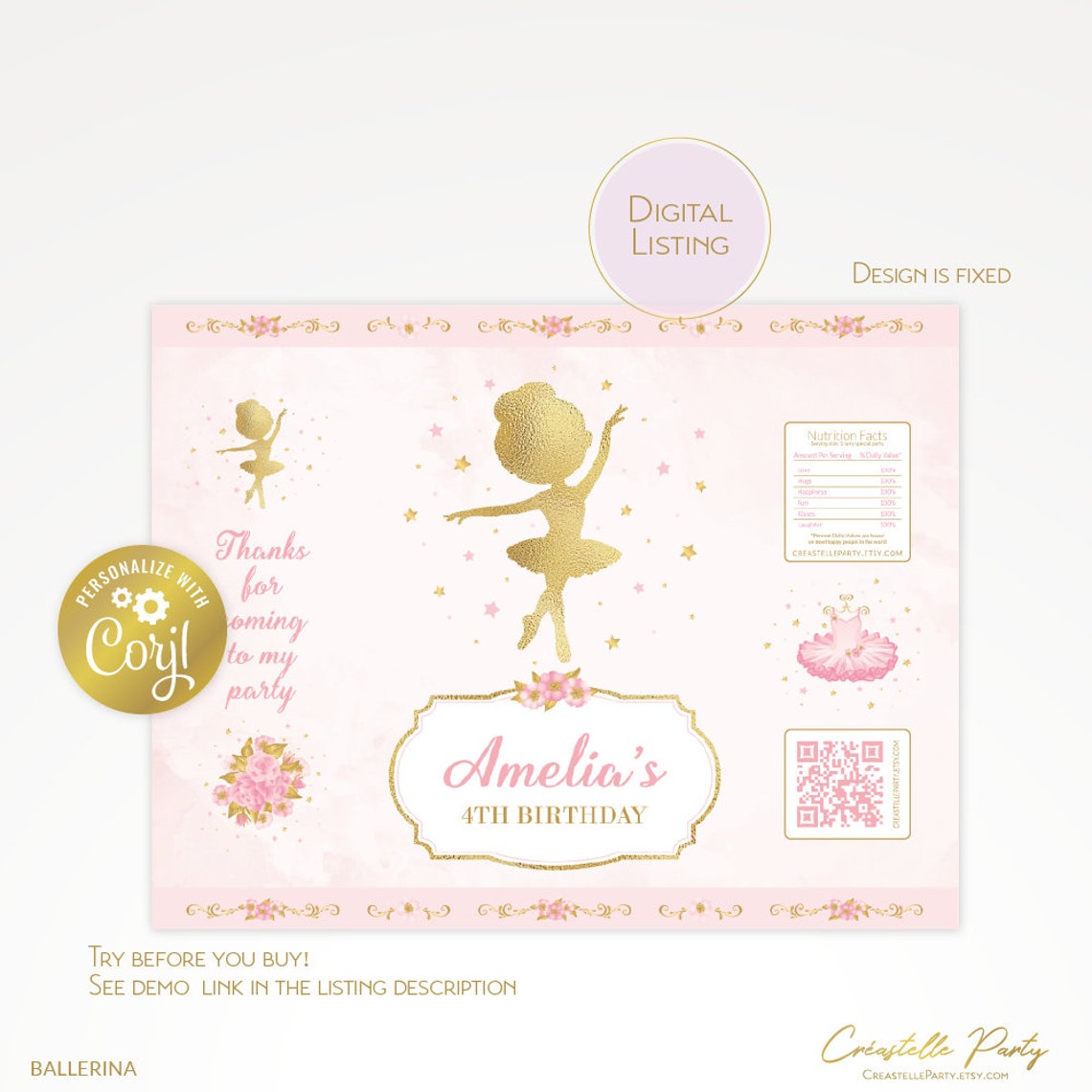 Ballerina Editable Chip Bag Wrapper, Pink and Gold Ballet Birthday ...
