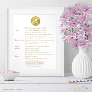 May include: A white framed printable sign with a pink and gold design. The sign has the text "Coril" in a gold circle with a gear design. The text "Edit, Download and Print Today!" is in gold lettering. The sign also has the text "Mediterranean Lemon" in gold lettering at the bottom.