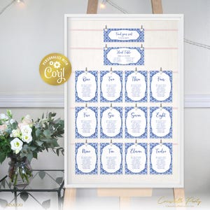 Mediterran Sitzplan Vorlage, Sitzplan Sitzplan Tukan, Sitzplan Sitzplan Sitzplan, Azulejos blaue Fliese bedruckbar, Positano, Corjl Vorlage