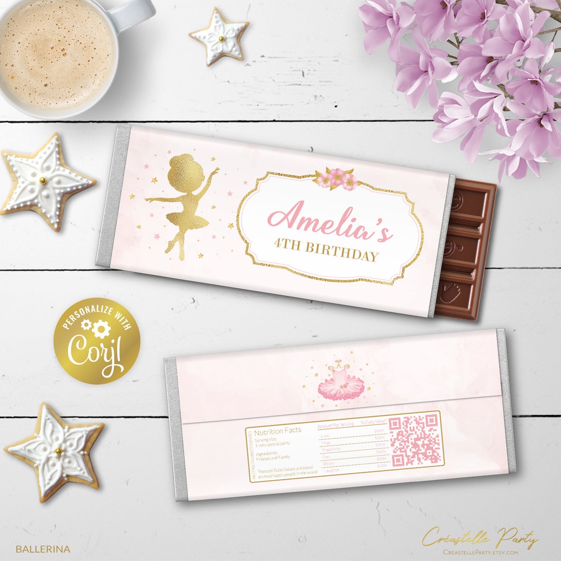 Ballerina Editable Chocolate Bar Wrapper, Pink Tutu Birthday Snacks ...