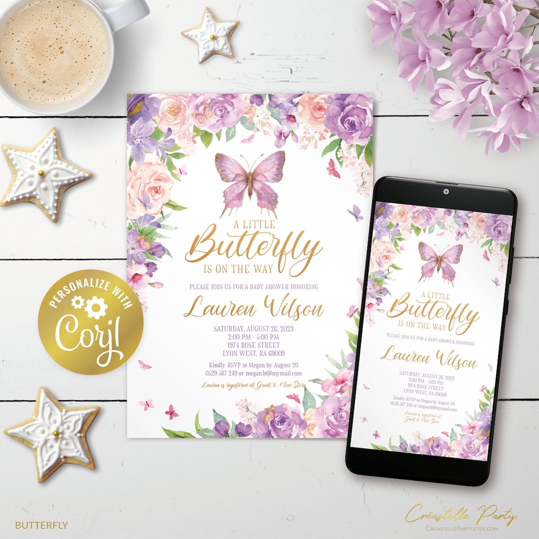 Butterfly Invitation, Editable Pink, Gold and Lavender Baby Shower ...