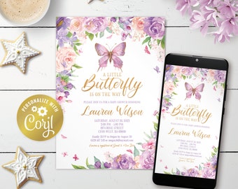 Butterfly invitation, editable pink, gold and lavender baby shower digital invitation, printable, watercolor floral evite, corjl template