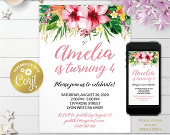 Invitación imprimible floral tropical, flores editables de Hawái, invitación digital de cumpleaños de la jungla, evita floral, plantilla corjl