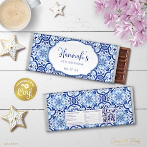 Mediterranean editable chocolate bar wrapper, azulejos blue tile birthday snacks label, digital party favor printable, corjl template