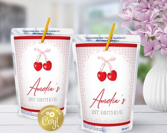Cherry pink editable juice pouch label, pretty coquette birthday snack label, digital party favor, printable label, corjl template