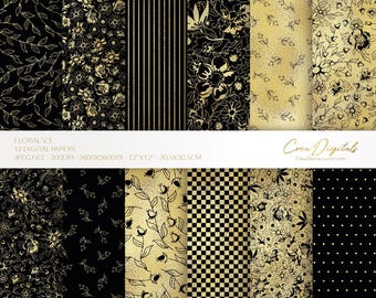 Floral Digital Paper Pack, Black and Gold, 12 seamless ditsy flowers pattern (Digital Download)