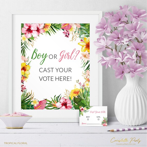 Gender Reveal Voting Cards And Sign Tropical Floral Printable Game 
