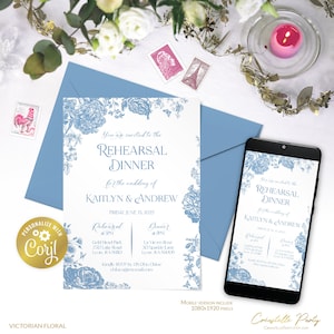 Invitación digital de cena de ensayo azul vintage editable floral victoriana, arte de línea botánica imprimible, mariposa evita, plantilla corjl
