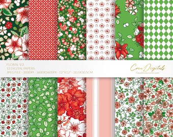 Floral Digital Paper Pack, Burgundy and Pink, 12 seamless ditsy flowers pattern volume 2 (Digital Download)