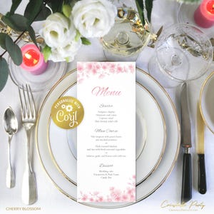Modello di menu per matrimonio con fiori di ciliegio, menu modificabili 3,75x9 + 5x7, stampabile digitale con sakura rosa, biglietto di matrimonio floreale primaverile, modello corjl