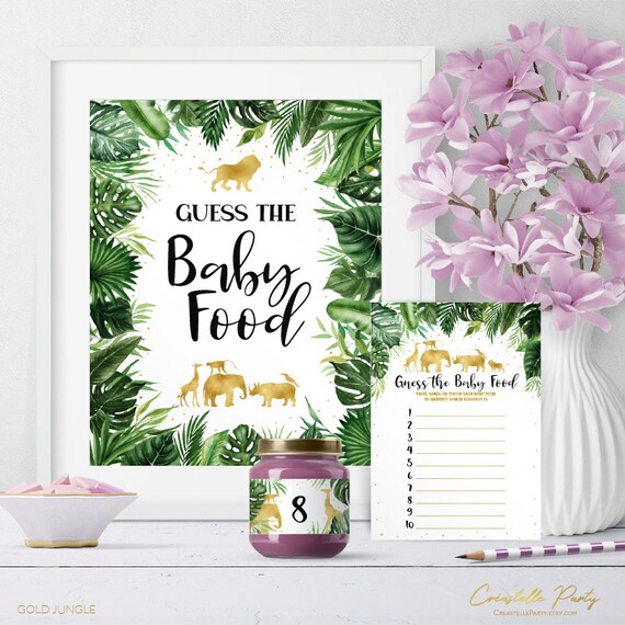 Guess The Baby Food game, label and sign, Gold safari animal printable baby shower game, watercolor jungle digital game, tropical greenery Il_570xn
