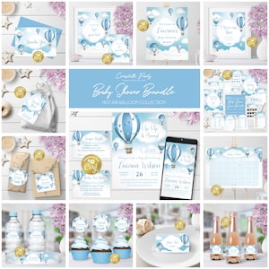 Hot Air Balloon blue editable baby shower decoration package, Up, Up and Away baby bundle, digital party decor, sky printable pack, corjl