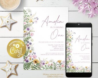 May include: A birthday invitation with floral accents and the text "Amelia is turning One." The design includes a matching mobile version. The invitation is surrounded by star-shaped cookies and a cup of coffee.