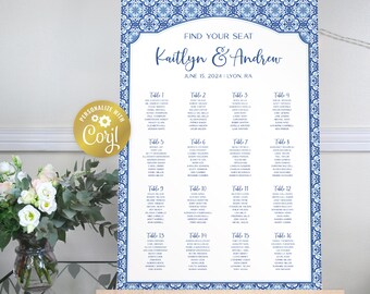 May include: A blue and white wedding seating chart with a decorative border. The chart lists tables with guest names for a wedding reception for Kaitlyn and Andrew on June 15, 2024 in Lyon, RA.