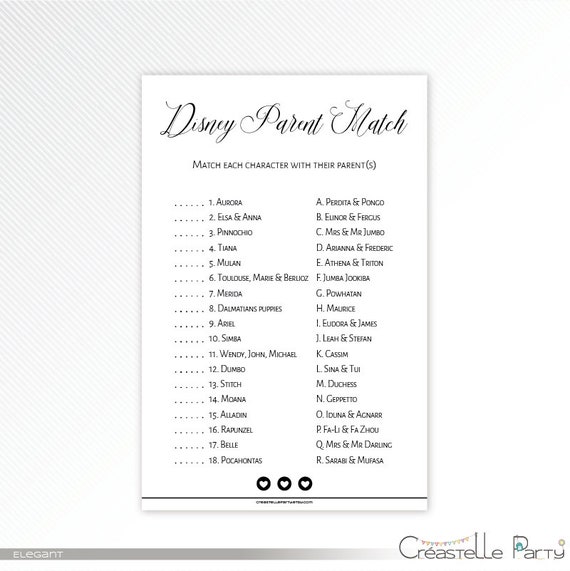 Disney Parent Match, Disney characters quiz, modern elegant printable ...