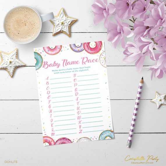 Pink donut Baby name race, doughnut printable baby shower game, sprinkle game, INSTANT DOWNLOAD Il_570xn