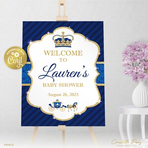 Prince welcome sign, royal party editable sign, printable party decoration, blue, gold glitter sign, crown and carriage editable with corjl
