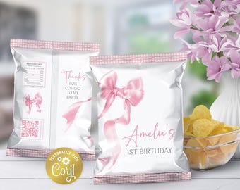 Bow editable chip bag wrap, pink elegant ribbon birthday snack label, coquette digital party favor, pretty in pink printable, corjl template