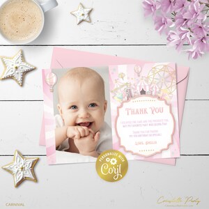 Tarjeta de agradecimiento editable de carnaval, tarjeta con foto digital para fiesta de carpa grande, tarjeta de agradecimiento imprimible con circo pastel rosa femenino, plantilla corjl