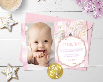 May include: Pink and gold thank you card with a photo of a baby girl in a white dress. The card has a carnival theme with a Ferris wheel, tents, and balloons. The text on the card reads "Thank You" and "I enjoyed the cake and the presents too, but my favorite part was seeing you! Thank you for making my 4th birthday so special! Love Amelia".