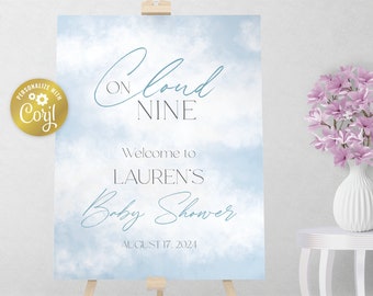 Cloud Nine-welkomstbord, bewerkbaar bord in de lucht, genderneutraal, afdrukbare feestdecoratie in de cloud, bewerkbaar met corjl