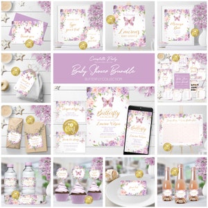 Butterfly editable baby shower decoration package, pink & lavender baby bundle, digital party decor, floral printable pack, corjl template