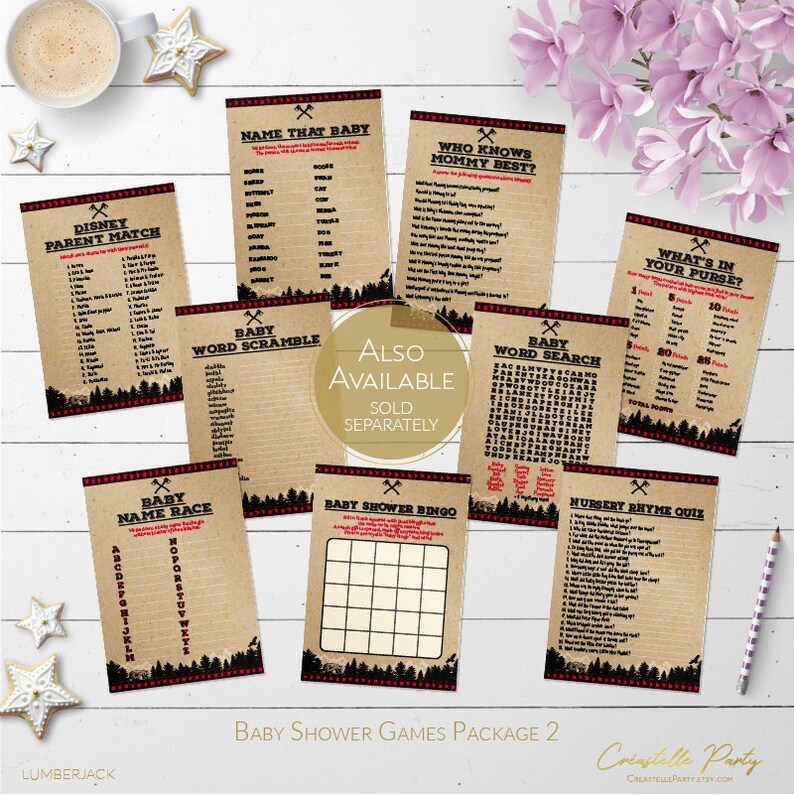 woodland digital games INSTANT DOWNLOAD Rustic lumberjack baby shower printable games package 3 buffalo plaid game bundle