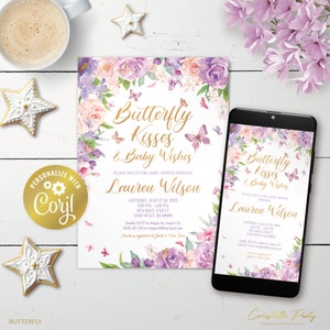 May include: A baby shower invitation with a floral design featuring butterflies and the text "Butterfly Kisses & Baby Wishes". The invitation is for Lauren Wilson and includes the date, time, and location of the shower.