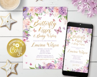 Butterfly invitation, editable pink, gold and lavender baby shower digital invitation, printable, watercolor floral evite, corjl template