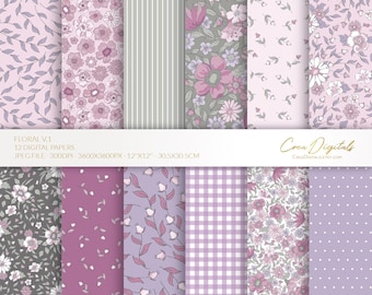 Floral Digital Paper Pack, Lavender Lilac Grey , 12 seamless ditsy flowers pattern (Digital Download)