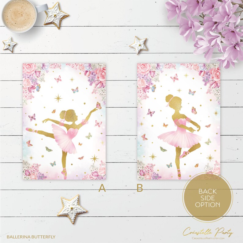 May include: Two printable designs for a ballerina butterfly party. The design on the left features a gold silhouette of a ballerina with pink tutu and butterfly wings. The design on the right features a gold silhouette of a ballerina with pink tutu and butterfly wings. Both designs feature a pink and gold floral background with butterflies and stars.