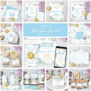 Donut editable baby shower decoration package, sweet one baby bundle, blue sprinkles digital party decor, printable pack, corjl