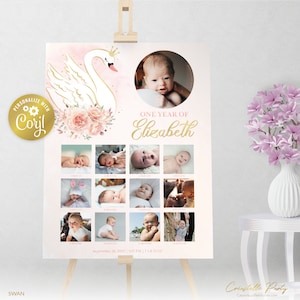 Tableau premier anniversaire princesse cygne, première année rose modifiable en images, panneau de collage photo, jalon imprimable de 12 mois, modèle corjl