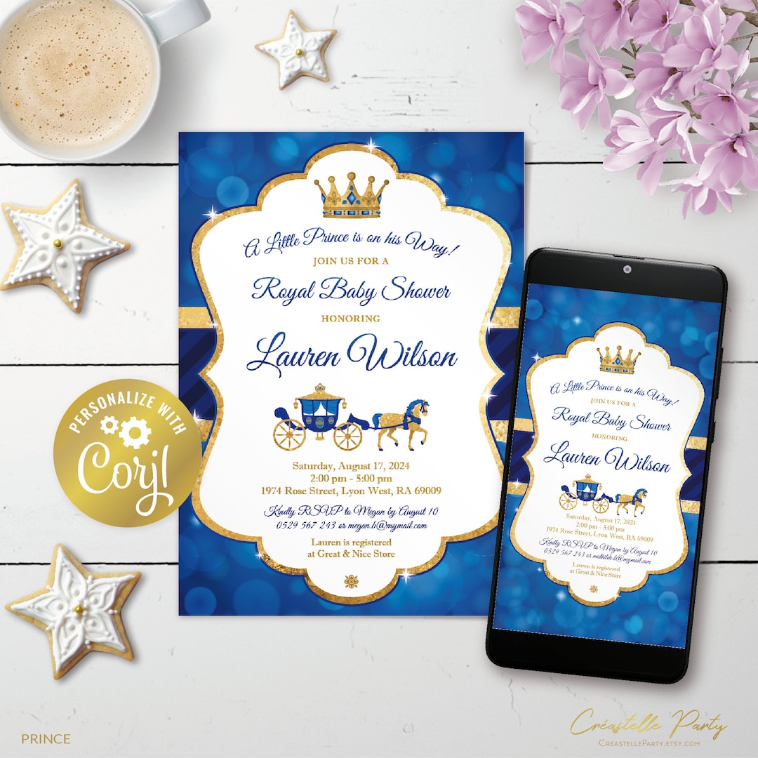Prince Invitation Editable Royal Crown Baby Shower Digital Etsy