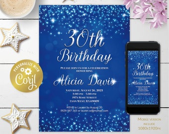 Bokeh invitation, editable blue and silver birthday digital invitation, lights printable, adult confetti evite, corjl template