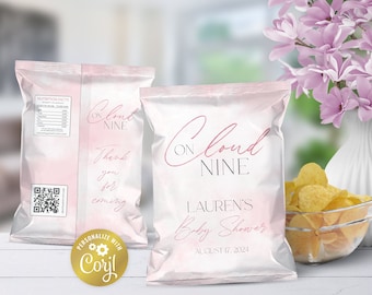 Cloud nine editable chip bag wrapper, sky baby shower snacks label, pink digital party favor, printable label, corjl template