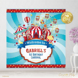 Editable carnival backdrop file, big top party poster, red and blue circus birthday background, corjl template, FILE ONLY