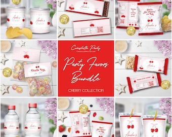 Cherry pink editable party treats package, pretty coquette birthday snacks label bundle, digital party favor, printable set, corjl template