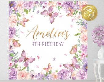 May include: Purple and pink floral backdrop with gold butterflies and the text "Amelia's 4th Birthday".