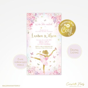 May include: A pink and gold baby shower invitation with a ballerina silhouette and butterflies. The invitation reads "We're so excited" and "Please join us for a baby shower honoring Lauren Wilson".