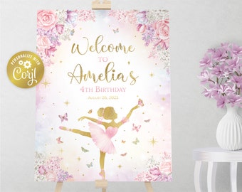Ballerina & butterfly backdrop welcome sign, pink, gold and lavender editable sign, floral printable party decoration, editable with corjl