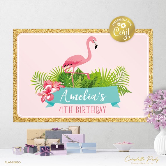 Pink tropical flamingo backdrop file, editable party poster, party decoration file, tropical greenery background, corjl template, FILE ONLY Il_570xn
