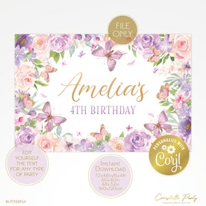 May include: Purple and pink floral birthday backdrop with butterflies and gold accents. The text "Amelia's 4th Birthday" is displayed on the backdrop. The backdrop is available in multiple sizes, including 72x48 inches, 60x40 inches, 48x32 inches, and 160x120 centimeters.