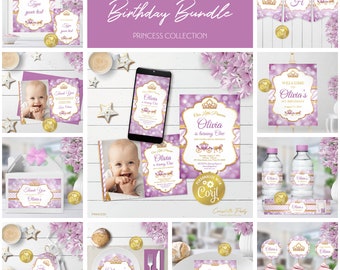 Prinzessin editierbares Partydekor-Paket, königliche Krone druckbar, goldenes und lila Bokeh Bokeh digitales Partyzubehör-Bundle, CORJL-Vorlage