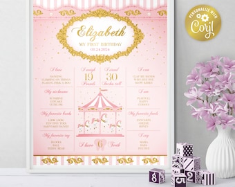 Segno di pietra miliare del primo compleanno della giostra, rosa, modello di pietra miliare del compleanno stampabile del cavallo, poster del primo compleanno del bambino, modificabile con Corjl