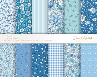 Floral Digital Paper Pack, Blue, Aqua and Navy, 12 seamless ditsy flowers pattern (Digital Download)