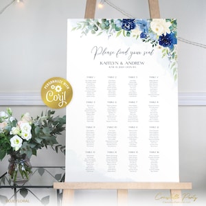 Plantilla de plano de asientos con diseño floral azul, letrero con plano de asientos vertical, plano de mesa editable en azul marino y crema, vegetación imprimible, plantilla corjl