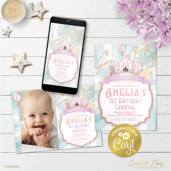 Carnival invitation, editable big top birthday digital invitation, printable, pink pastel circus evite, corjl template