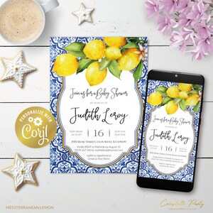 Może przedstawiać: Zaproszenie na baby shower w niebiesko-białym wzorze z motywem gałązki cytryny. Zaproszenie zawiera tekst "Join us for a Baby Shower" i "Judith Leroy".